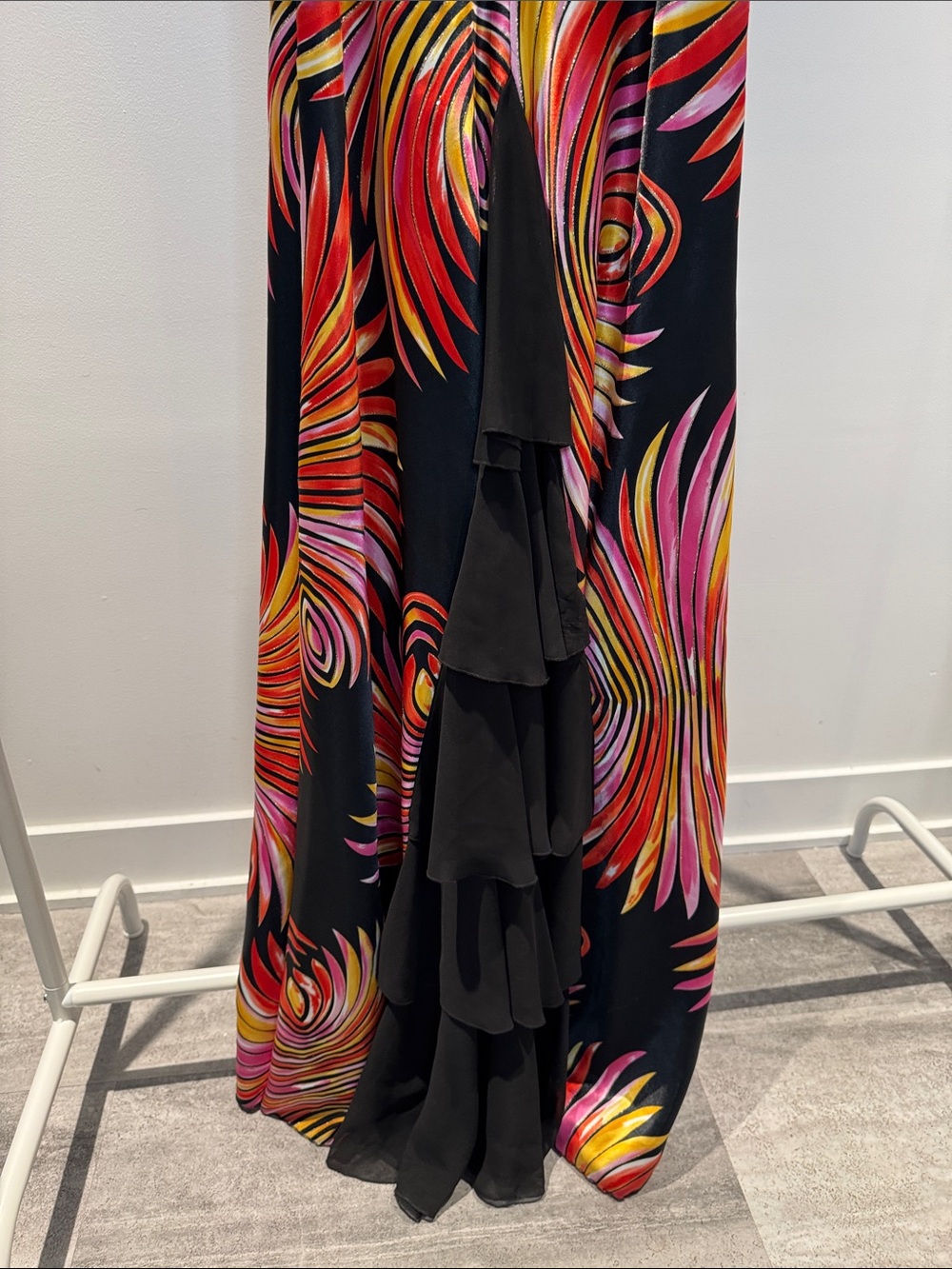Black Spaghetti-Strap Maxi Dress with Pink & Gold Swirl Print - Picture 7 of 7